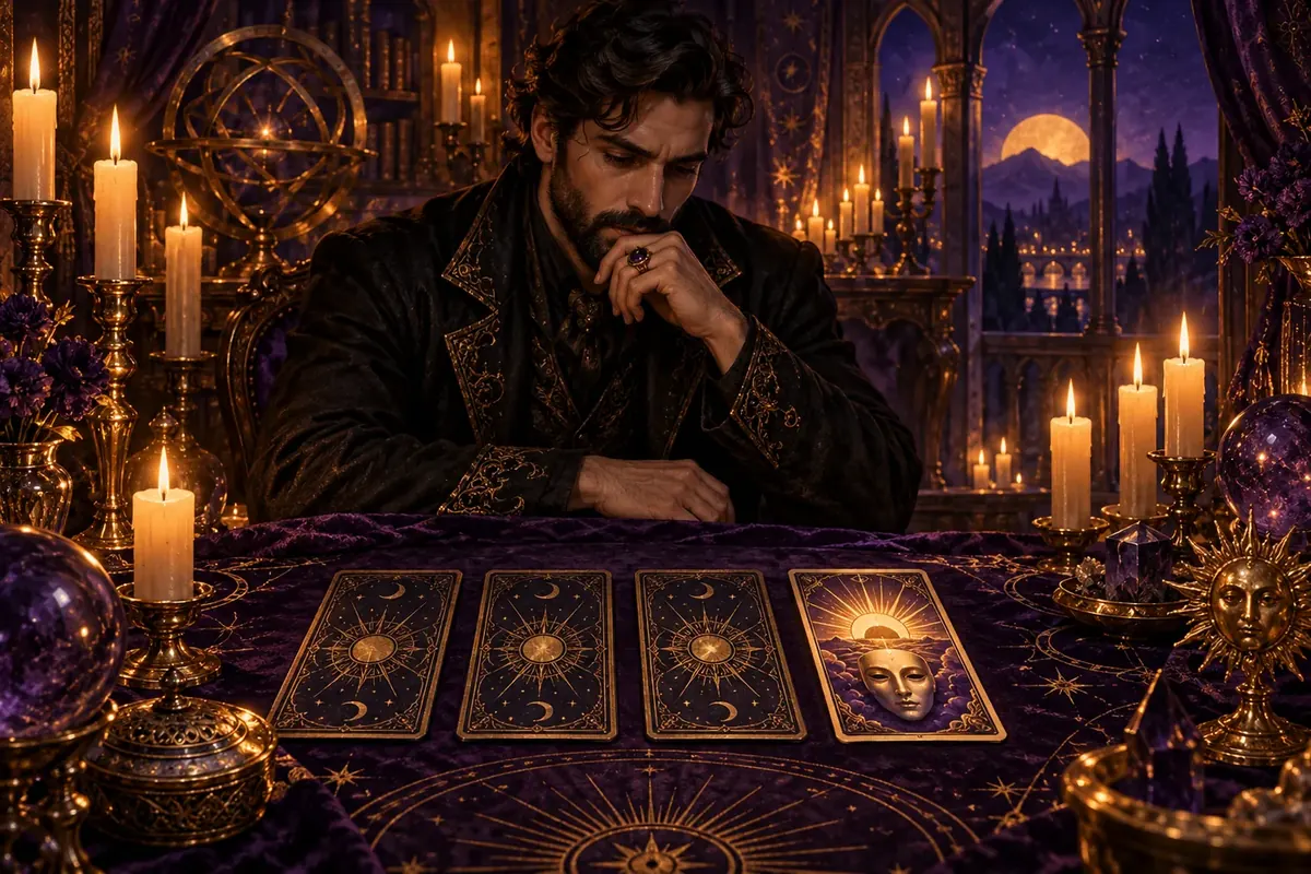 A bearded reader at a candlelit table with three tarot cards, one turned face up