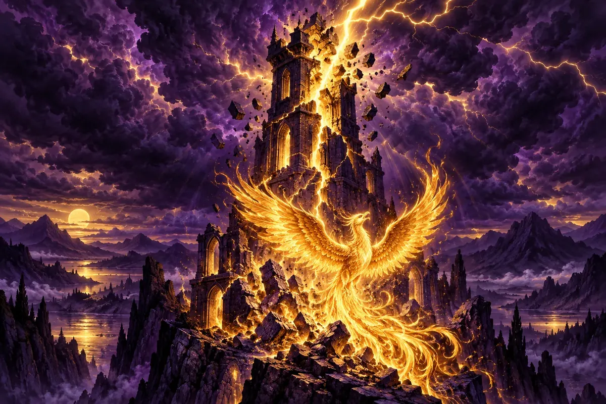 A tower struck by golden lightning with a phoenix of flame rising from the ruins