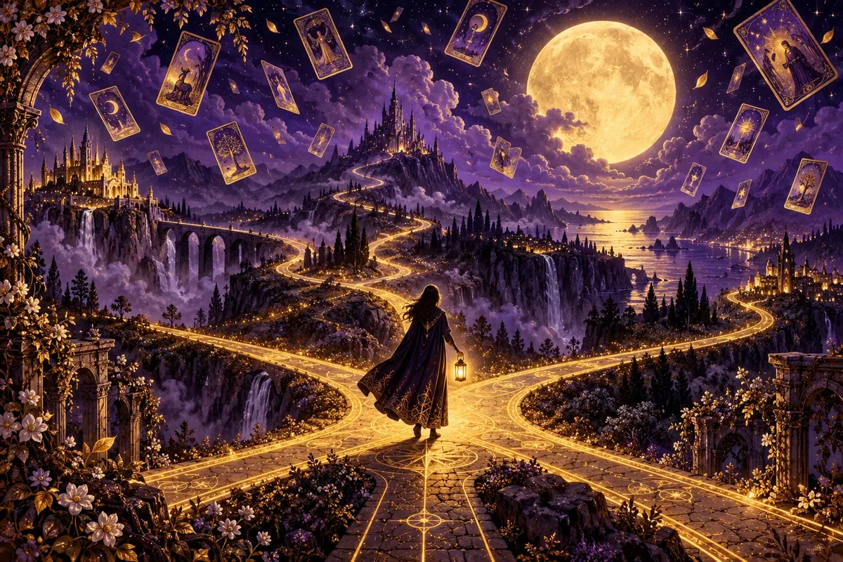 A lone figure with a lantern at a golden crossroads under a full moon