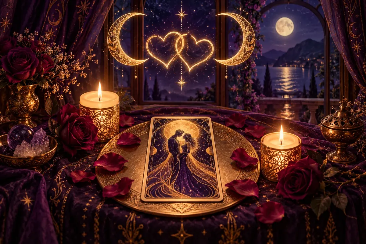 Two intertwined golden hearts and crescent moons above a tarot altar
