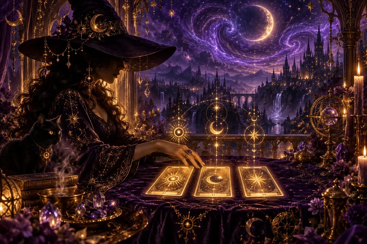 Silhouette of a hat-wearing reader laying a glowing three-card tarot spread