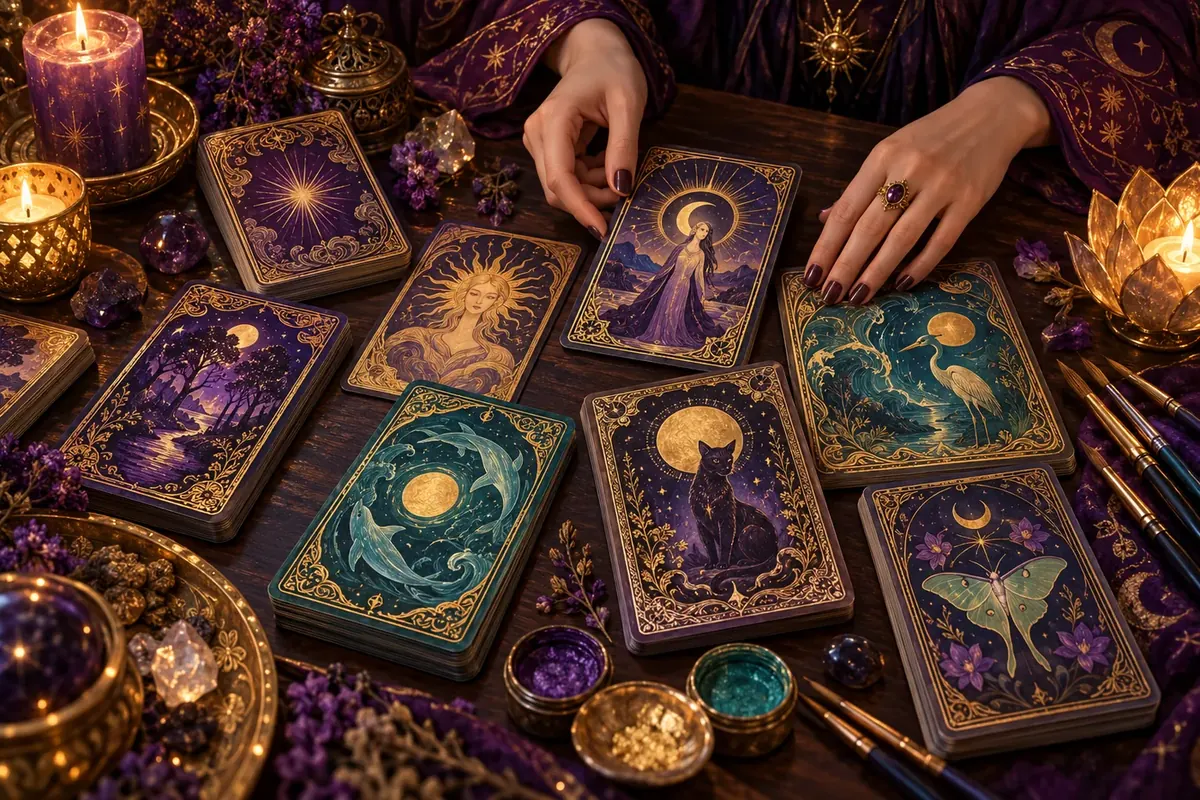 Several different tarot and oracle decks fanned across a candlelit table