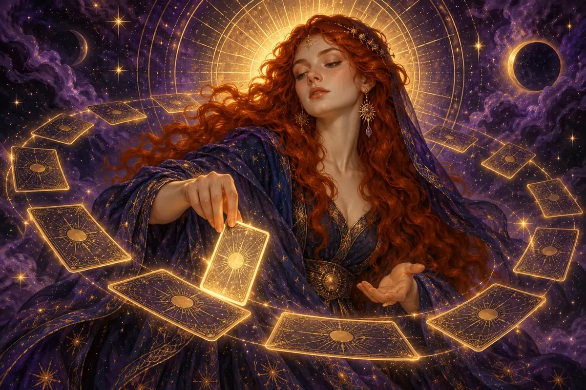 A woman in a blue shawl drawing a glowing oracle card from a ring of floating cards